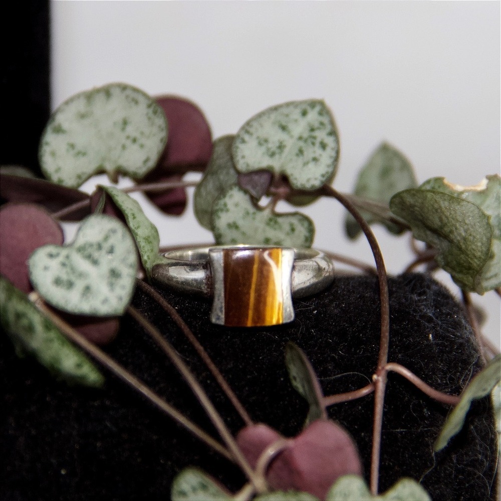 Sterling Silver Tigers Eye Ring Size 7 Rectangular Stone Minimalist Band 925
